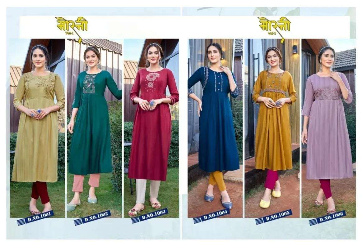 MORNI VOL 1 BY KOODEE BRAND PRESENTS HEAVY RAYON DOBBY HANDWORK, EMBROIDERY AND KHATLIWORK DESIGNER NAYRA STYLE KURTI-INDEX